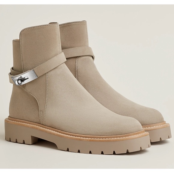 Hermes Shoes - Hermes Jeff Ankle Boot Beige Galet Suede Goatskin Kelly Lock Buckle Palladium 40